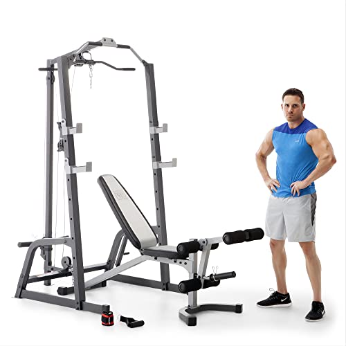 Marcy Pro Deluxe Cage System with Weightlifting Bench All-in-One Home Gym Equipment PM-5108,Black/Silver