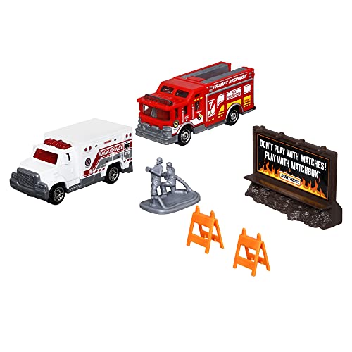 Matchbox Hitch & Haul Die-cast Vehicle Playset - Fire Rescue ~ 6 Piece Set ~ Hazmat Response Truck and Ambulance ~ Includes Firefighters, Billboard Sign and 2 Safety Barriers