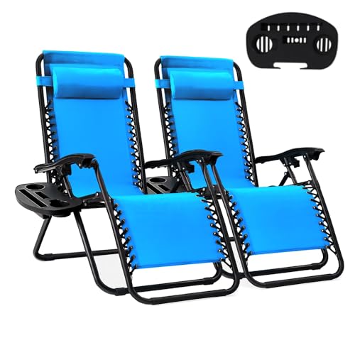 yoyomax Zero Gravity Chair Adjustable Lounge Chair Recliner Sturdy Reclining Patio Chairs with Strong Welds, Mesh, Headrest, Cup Holder Trays for Beach, Pool, Patio, Outdoor Set of 2 - Blue