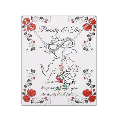 UJIMS Beauty Beast Movies Gifts Belle Rose Pendant Necklace Beauty Fairy Jewelry Rose Flower Bracelet Princess Fans Gift (BelleRoseNecklaceCard)