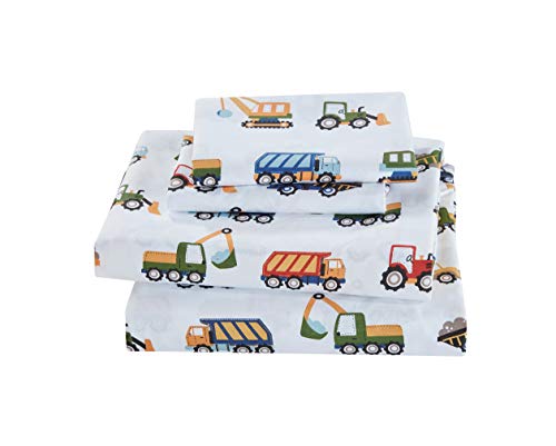 Linen Plus Sheet Set for Kids Construction Tractors Excavators Loaders Dump Trucks Compactors White Blue Red Green Yellow Grey Flat Fitted and Pillow case Twin Size New