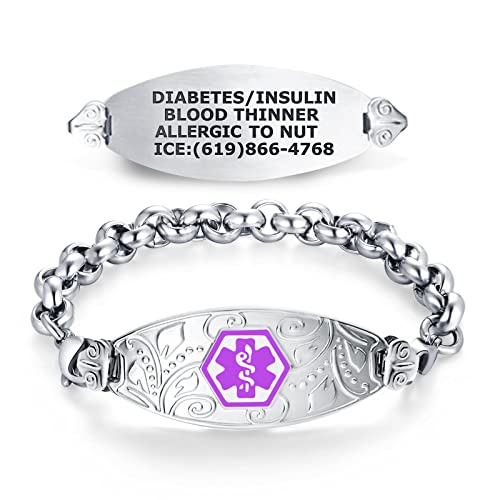Divoti Custom Engraved Medical Alert Bracelets for Women, Stainless Steel Medical Bracelet, Medical ID Bracelet w/Free Engraving – Lovely Filigree Tag w/Elegant Rolo-Purple-7.5'