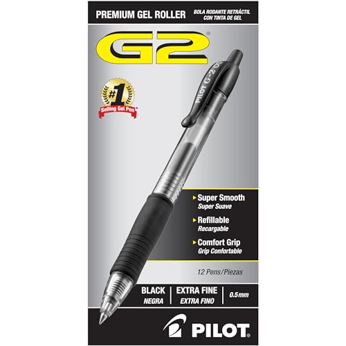 Pilot, G2 Premium Gel Roller Pens, Extra Fine Point 0.5 mm, Pack of 12, Black