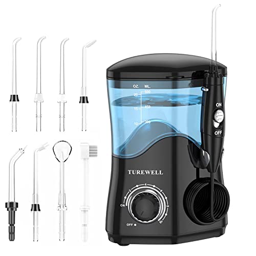 TUREWELL Water Dental Flosser for Teeth/Braces, Water Teeth Cleaner 8 Jet Tips and 10 Pressure Levels, 600ML Large Water Tank Oral Irrigator for Family(Black)