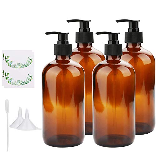 Press Pump Bottles, Maredash Amber Glass Storage Bottle with Black lids & Labels, Liquid soap Dispenser Refillable Container for Water, Essential Oils, Cleansing Shampoo（16oz, 4Pcs