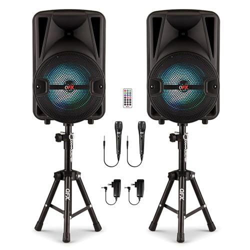 QFX PBX-800TWS 8-Inch TWS Bluetooth Stereo PA System with 2 8' Speakers, 2 Microphones, 2 Stands, and a Remote Control