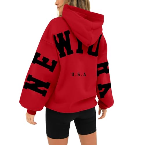 BLUBUKLKUN amazon warehouse sale clearance New York Hoodies Sweatshirt for Women Long Sleeved Oversized Streetwear Printed Hoodie With Pockets Y2K (Red, XXL)