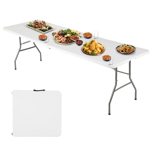 FDW 6FT Folding Picnic Table for Outdoor, Portable Fold-in-Half Plastic Dining Picnic Party Table with Carrying Handle