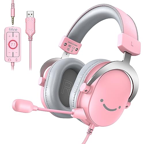 FIFINE USB Gaming Headset, PC Over-Ear Wired Streaming Headset with 3.5mm Jack, Detachable Microphone, 7.1 Surround Sound, Control Box, Passive Noise Cancellation, for PS4/PS5/Xbox/Switch-H9 Pink