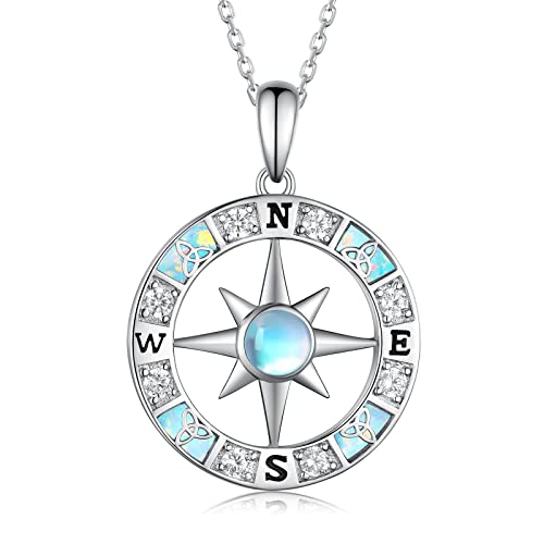 SVODEA Compass Necklace for Women,925 Sterling Silver Created Moonstone Celtic Knot Compass Pendant Necklaces,Inspirational Nautical Dream Jewelry Graduation Gifts for Teen Girls,18''-20'' (Style-1)