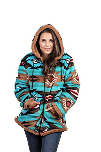 TrailCrest Ladies Smart Plush Sherpa Lined Hooded Sweater Jacket, Zip Up Classic Teal Aztec, 2X