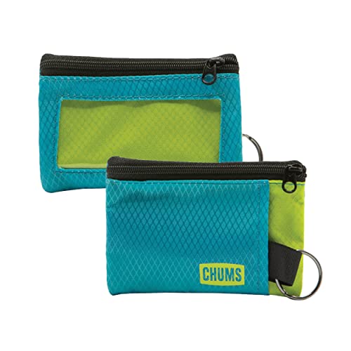 Chums Surfshorts Wallet - Lightweight Zippered Minimalist Wallet with Clear ID Window - Water Resistant with Key Ring (Blue/Green)