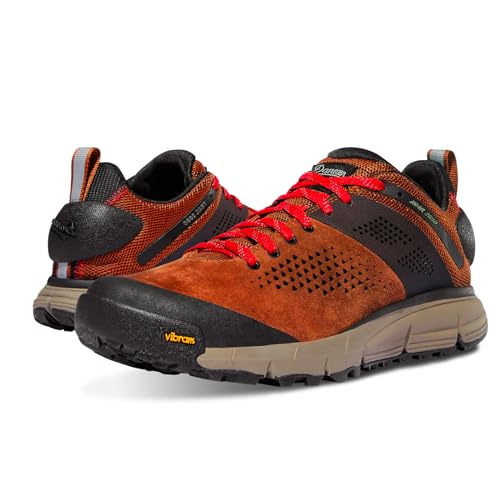 Danner Trail 2650 Hiking Shoes for Men - Durable Suede, Lightweight Textile with Breathable Mesh Lining, Ortholite Footbed, & Vibram Traction Outsole, Brown/Red 11-Medium