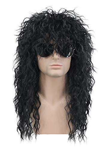 karlery 70s 80s Rocker Metal Mullet Wig Mens Long Curly Black Party Wig Halloween Costume Anime Wig