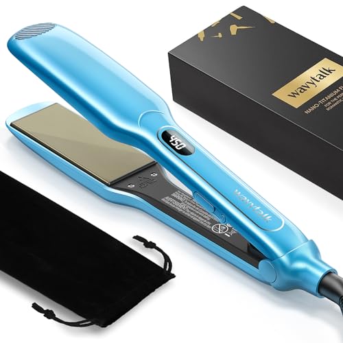 Wavytalk Hair Straightener, 1.7 Inch Wide Titanium Flat Iron for Hair, Professional Hair Straightener with Adjustable Temp(290 ℉-450℉), Fast Heat up Dual Voltage Flat Iron (Blue)