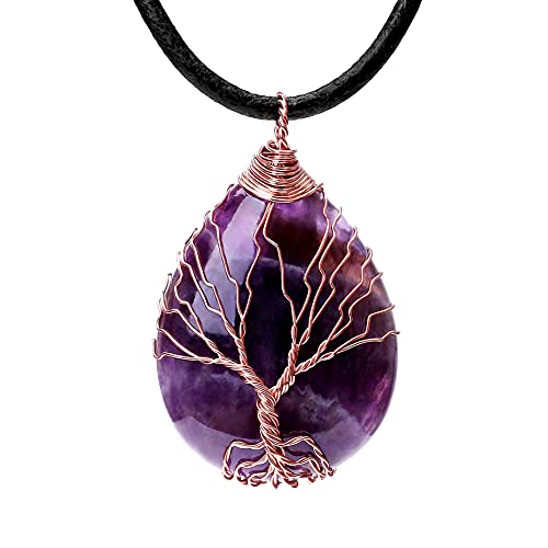 POTESSA Crystal Necklace Healing Amethyst Crystals Necklace Leather Cord Choker Chakra Gemstone Jewelry