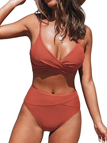 CUPSHE Women's Bikini Sets Two Piece Swimsuit High Waisted V Neck Twist Front Adjustable Spaghetti Straps Bathing Suit, L Brick Red