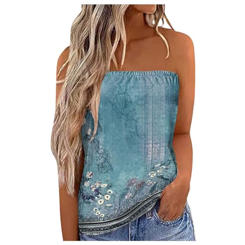 Women Print Strapless Bandeau Tank Casual Sleeveless Summer Vacation Loose Holiday Top Shirt Cat Print Tops (Blue #2, L)