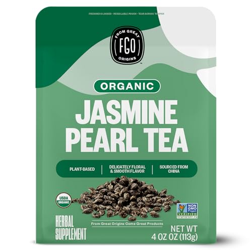 FGO Organic Jasmine Pearls Green Loose Tea, Resealable Kraft Bag, 4oz, Packaging May Vary (Pack of 1)