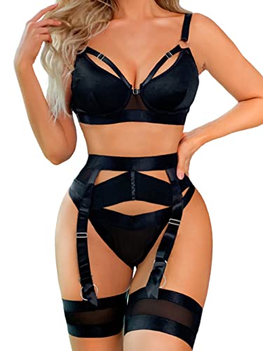 Kaei&Shi Garter Belt Thong Lingerie For Women,Strappy Hollow Out Sexy Lingerie,Underwire Mesh Sheer Matching 4 Piece Lingerie Set Boudoir Black Large