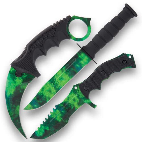 BLACK LEGION Poison Cloud Triple Knife Set - Includes Karambit, Survival and Sawback Hunter Knives, Stainless Steel Blades, TPU Handles, Includes Belt Sheaths, Take Into Any Battle