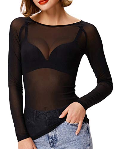 Slim Fit Sheer Shirt Long Sleeve Mesh Blouse Tee Tops for Clubwear (M,Black)