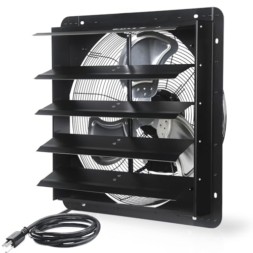 VENTISOL 20 Inch Shutter Exhaust Fan Wall Mounted, Aluminum with 1.65 Meters Power Cord Kit,High Speed 3500CFM, Ventilation fan for Garage,Greenhouse,Attic,Shed,Shop，Black