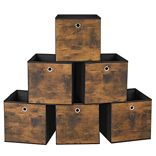 SONGMICS Storage Cubes, Set of 6 Storage Bins with Handles, Foldable Oxford Fabric and Non-Woven Fabric Storage Boxes, 11.8x11.8x11.8 Inches, Fit Cube Storage Unit, Rustic Brown and Black URFB102B01