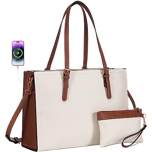 LOVEVOOK 15.6 Inch Laptop Bag for women, Large Waterproof PU Leather Work Briefcase with USB Charging Port Casual Computer Bag Messenger, Fashion Business Office Tote Handbag Purse, White-Brown