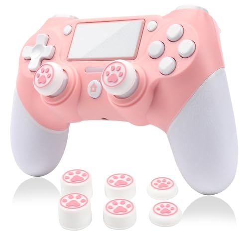 RALAN Wireless Controller Compatible with Playstation 4 for PS4/Pro/Slim, 1000mAh Rechargeable Battery Gamepad Joystick for PS4 with 3.5mm Audio Jack! 6 Thumb Caps Included! (White-Pink)