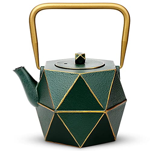 Toptier Cast Iron Teapot, Stovetop Safe Japanese Cast Iron Tea Kettle, Diamond Design Tea Pot with Removable Infuser for Loose Tea, 30 Ounce (900 ml), Dark Green