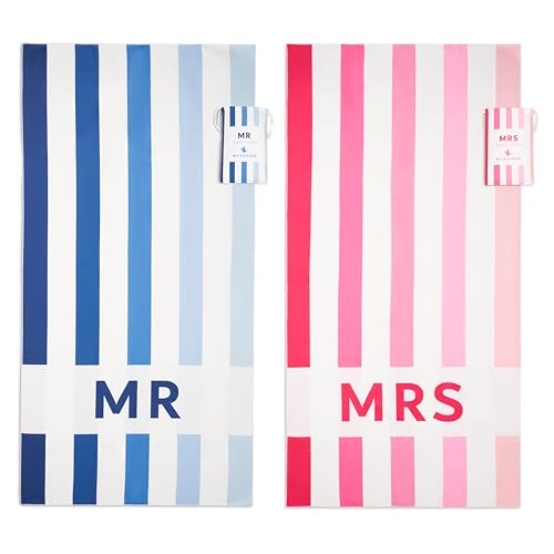 Mr and Mrs Beach Towels Set of 2 – Microfiber His and Hers Beach Towels. Just Married Beach Towels for Honeymoon Gift. Groom and Bride Beach Towel in Blue and Pink.