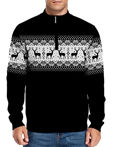 Cozople Ugly Christmas Sweater Men's Quarter Zip Up Sweaters Reindeer Print Ribbed Polo Knitwear Long Sleeve Turtleneck Golf Sweater Black M