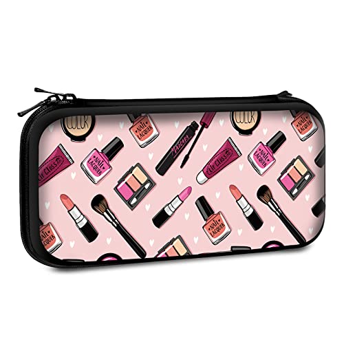 Carrying Case Compatible with Switch 2017 / Switch OLED 2021 Console Joy-Con with 10 Game Card Slots , Pink background Nail polish, mascara, lipstick, eye shadows, brush, powder, lip gloss