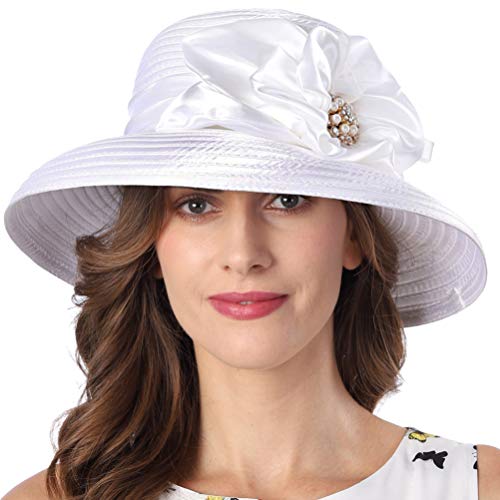 FORBUSITE Church Hats for Women White Kentucky Derby Hats 1950s 20s with Rhinestone Rhinest Wide Brim