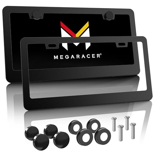 Mega Racer Matte Black License Plate Frame 2 Pack - 2 Hole Slim Front and Rear Metal Aluminum License Plate Holder Cover with Stainless Steel Screws and Black Screw Caps