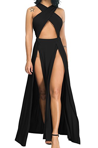 Velius Women Sexy Hollow Out Halter Wrap Sleeveless Plain Pleated Slit Casual Long Maxi Dress (Small, Black)