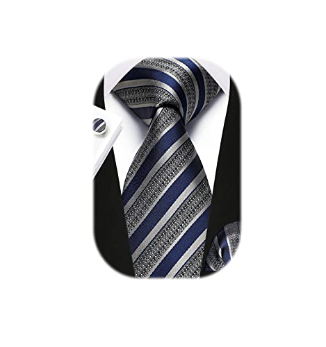 Enlision Stripe Men Ties Set Navy Blue Grey Ties for Men Formal Silk Woven Neckties and Pocket Square Set Business Wedding Necktie Handkerchief Cufflinks