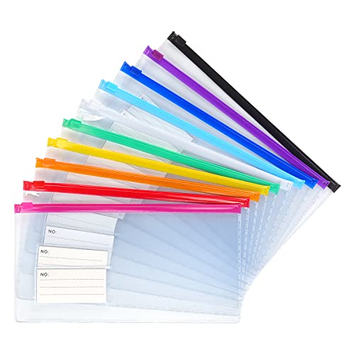 Tamaki 10 Pack Zipper Plastic Envelopes, Small Plastic Envelopes, A6 Size for Pencil Case Bulk, Bill Bag, 10 Color (9x4.7 Inch)