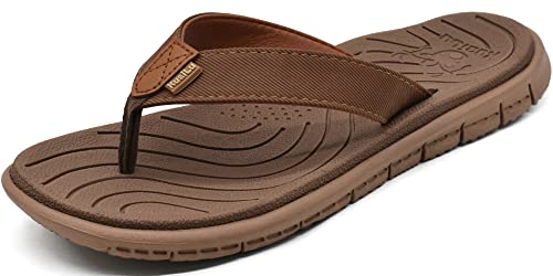 KuaiLu Women's Arch Support Flip Flops Ladies Comfortable Cushion Summer Beach Slip on Thong Sandals Open Toe Comfort Non-Slip Casual Leather Sandles All Brown Size 7