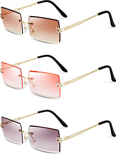 Weewooday 3 Pairs Rimless Rectangle Sunglasses Tinted Frameless Eyewear Vintage Transparent Rectangle Y2K Glasses for Women Men