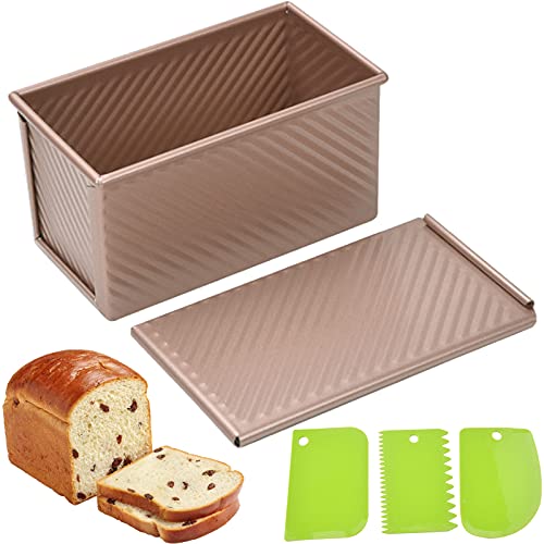 Pullman Loaf Pan with Lid, 1Pound Dough Capacity Rectangular Bread Pan, Non-Stick Long Bread Pans for Homemade Bread, 9x4inch Pullman Loaf Pan with Dough Scraper Cutter for Sandwich Bread