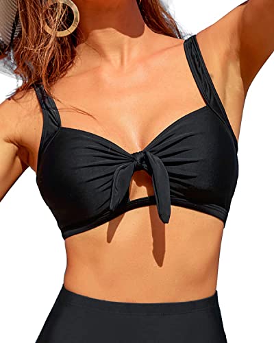 Tempt Me Women Black Bikini Tops Push Up Swim Top Front Tie Knot Bathing Suit Top Padded Swimsuit Top Only M