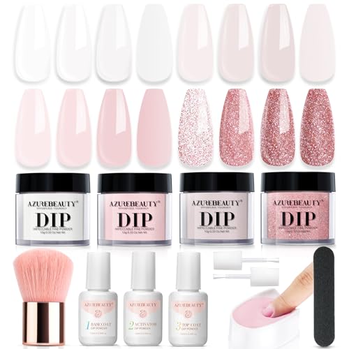 AZUREBEAUTY Dip Powder Nail Kit Starter, Nude Pink Glitter Neutral Skin Transparent, 4 Colors Dipping Powder Set All Seasons, French Nail Art Base Top Coat Activator Liquid Manicure DIY Salon 12 PCS