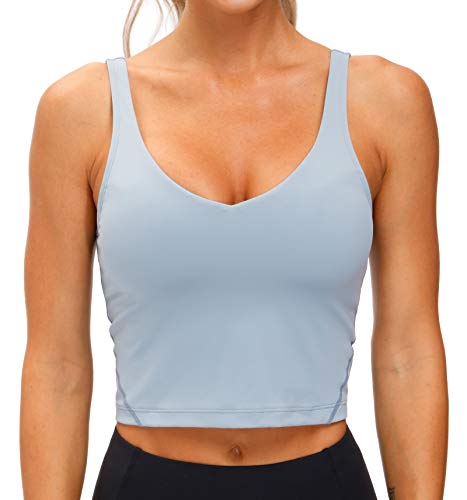 Women’s Longline Sports Bra Wirefree Padded Medium Support Yoga Bras Gym Running Workout Tank Tops (Denim Blue, Medium)