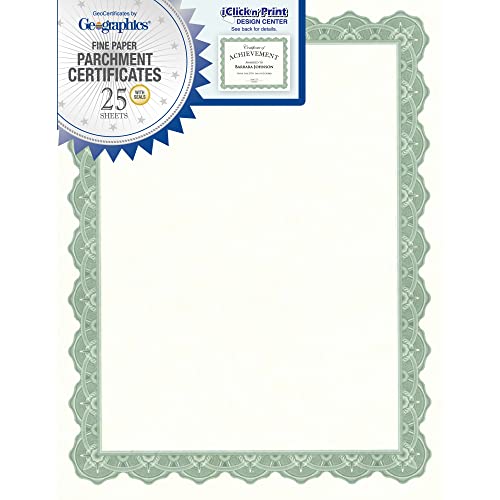 Geographics 30% Recycled Blank Parchment Certificates, 8 1/2' x 11', Optima Green, Pack of 25
