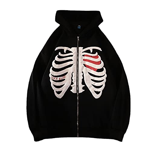 Women Zip Up Hoodies Goth Skeleton Rib Cage Graphics Y2K Harajuku Novelty Sweatshirt Black