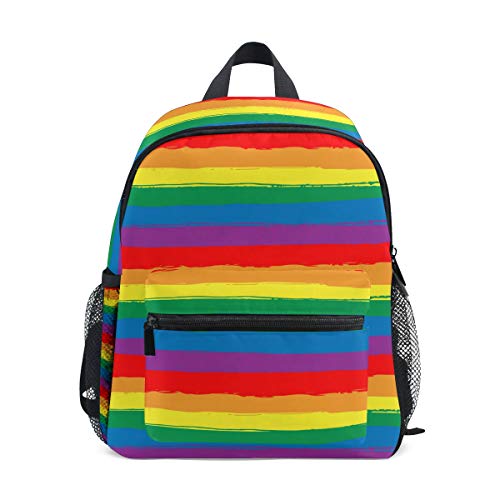 OREZI Rainbow Striped Preschool Backpack with Chest Strap,Mini Toddler Backpack with Name Tag Daycare Toy Bag for Boys Girls,10 x 4x 12 Inches