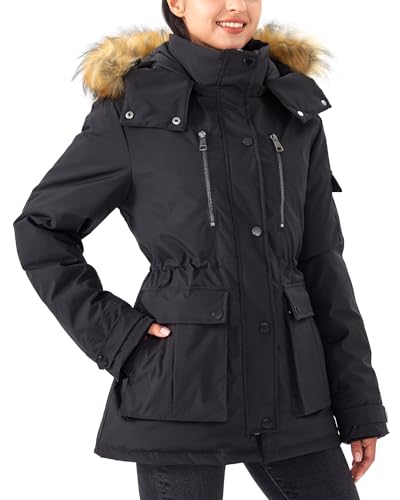 PUREPEAR Women's Mid Length Windproof Jacket Thickened Puffy Warm Coat with Faux Fur Removable Hood Black L