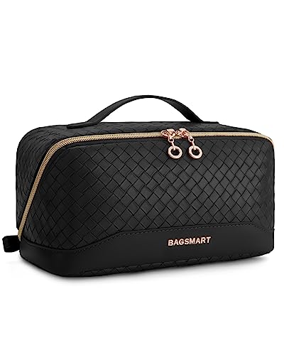 BAGSMART Makeup Bag Cosmetic Bag, Travel Makeup Bag, PU leather Makeup Bags for Women Portable Water-resistent Pouch Open Flat Make Up Organizer Bag for Toiletries, Brushes, Leather Black